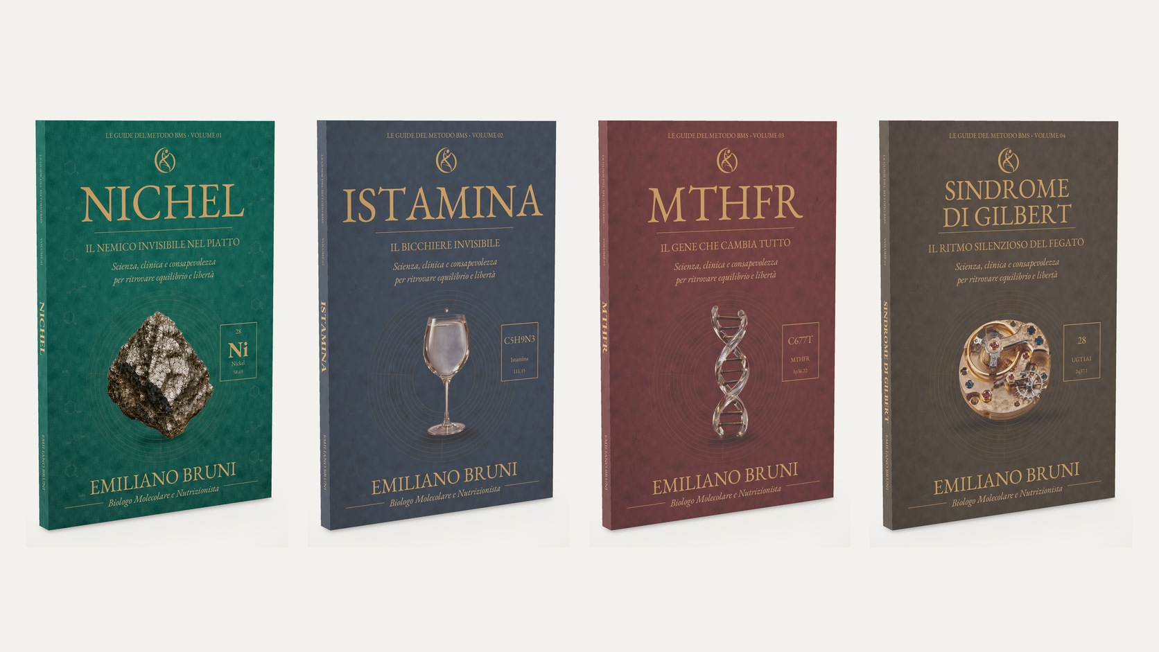 I primi quattro volumi de Le Guide del Metodo BMS: Nichel, Istamina, MTHFR e Sindrome di Gilbert